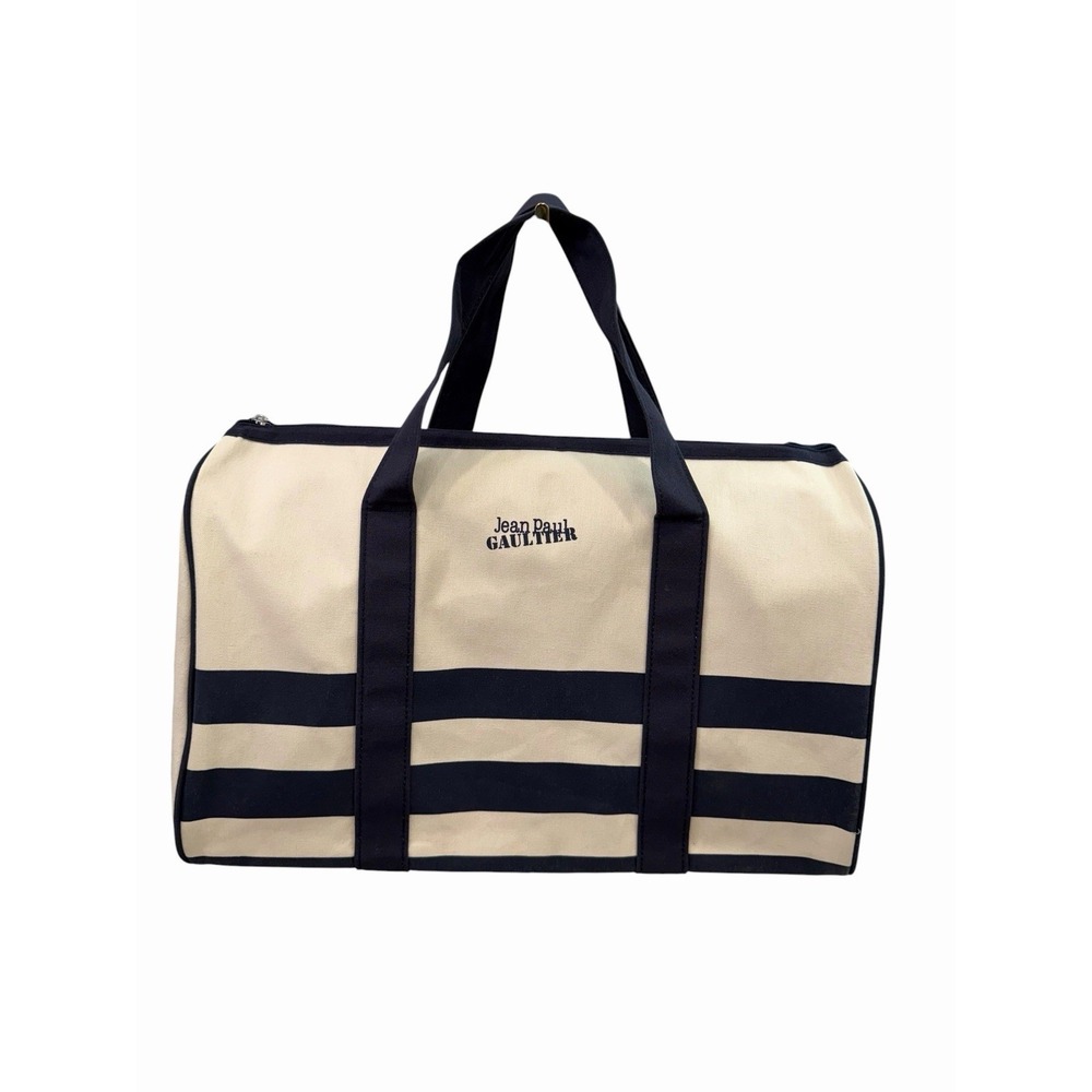 Jean Paul Gaultier Striped Canvas Duffel Bag Navy Blue & Cream Travel Tote